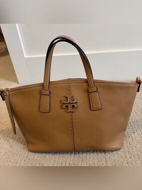 Tory Burch Cognac Pebbled Leather Tote with Logo